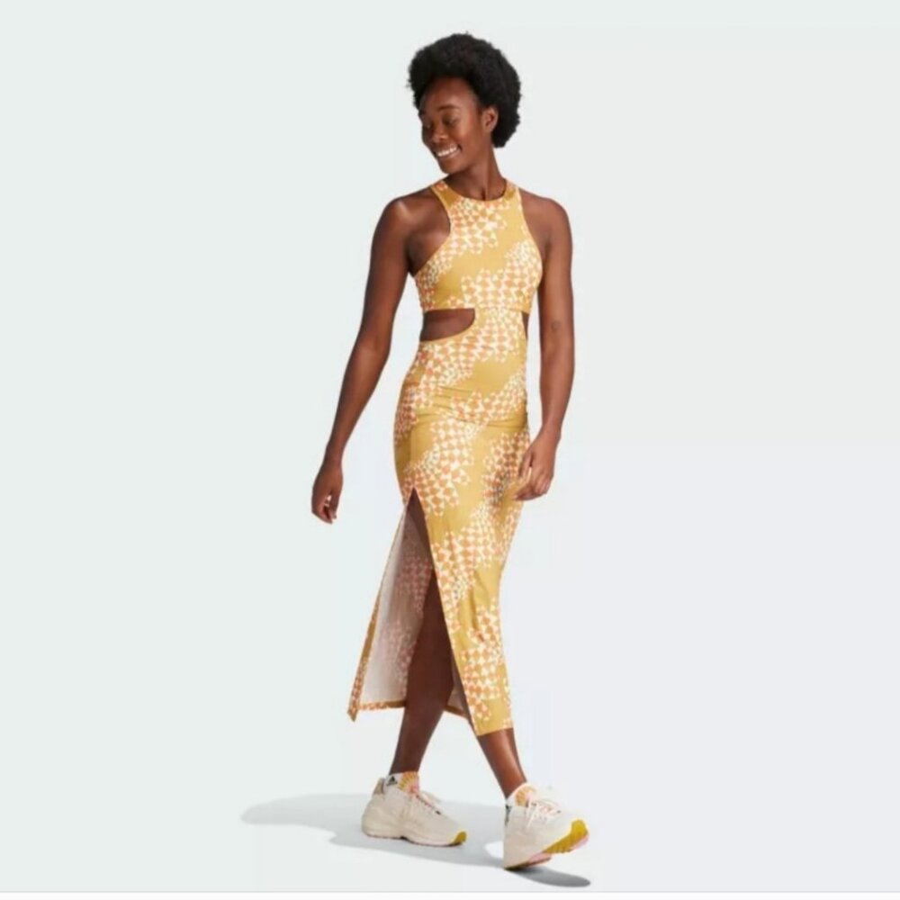 NWT Farm Rio x Adidas Psychedelic Wave Victory Gold Sporty Midi Dress Size Small